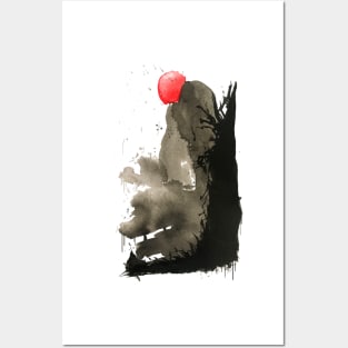 Japanese ink painting of mounting and red sun Posters and Art